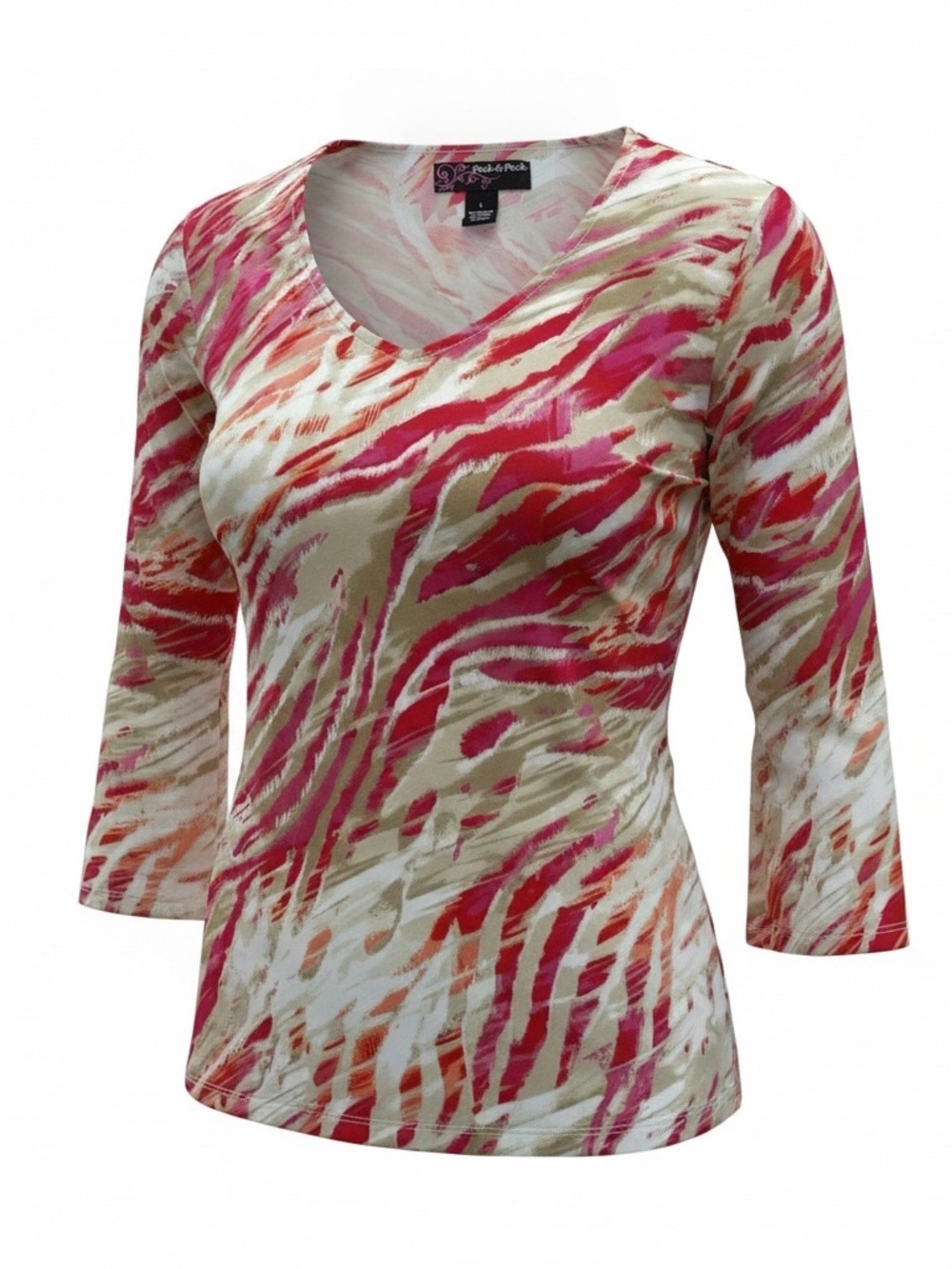 Peck & Peck Pink, Cream and Orange Zebra-Print V-Neck Blouse